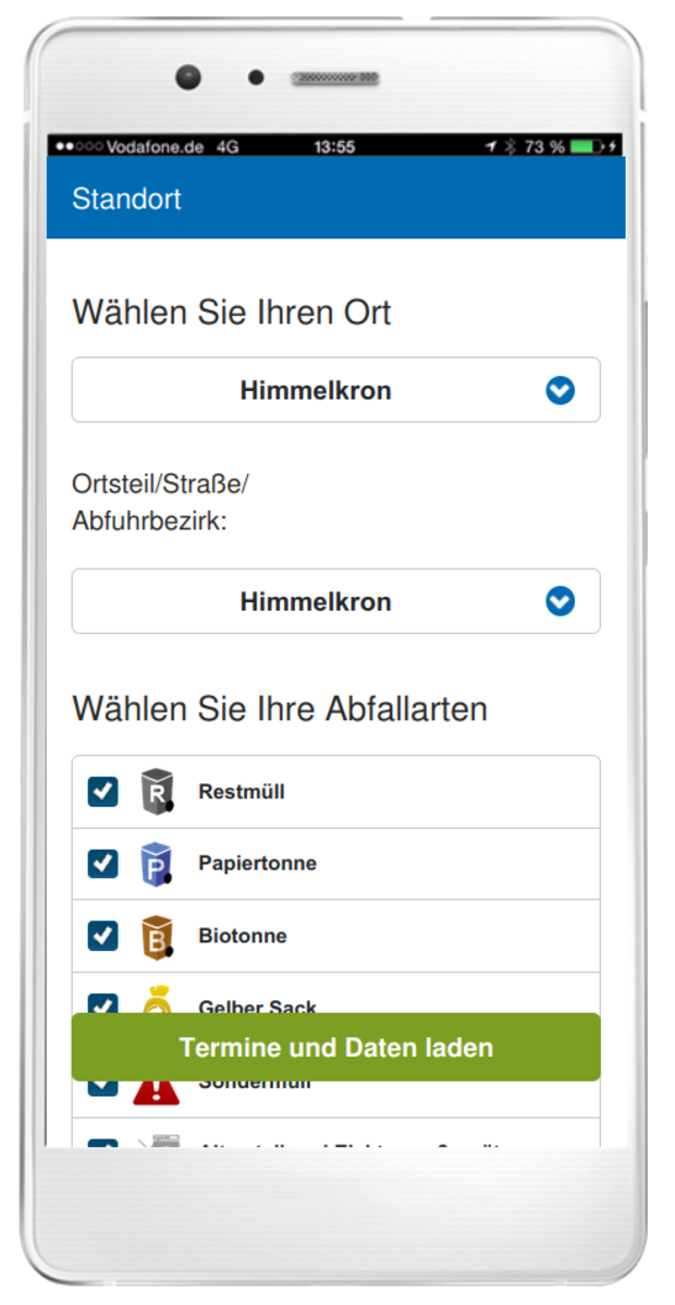 Smartphone-Screenshot der Abfall-App